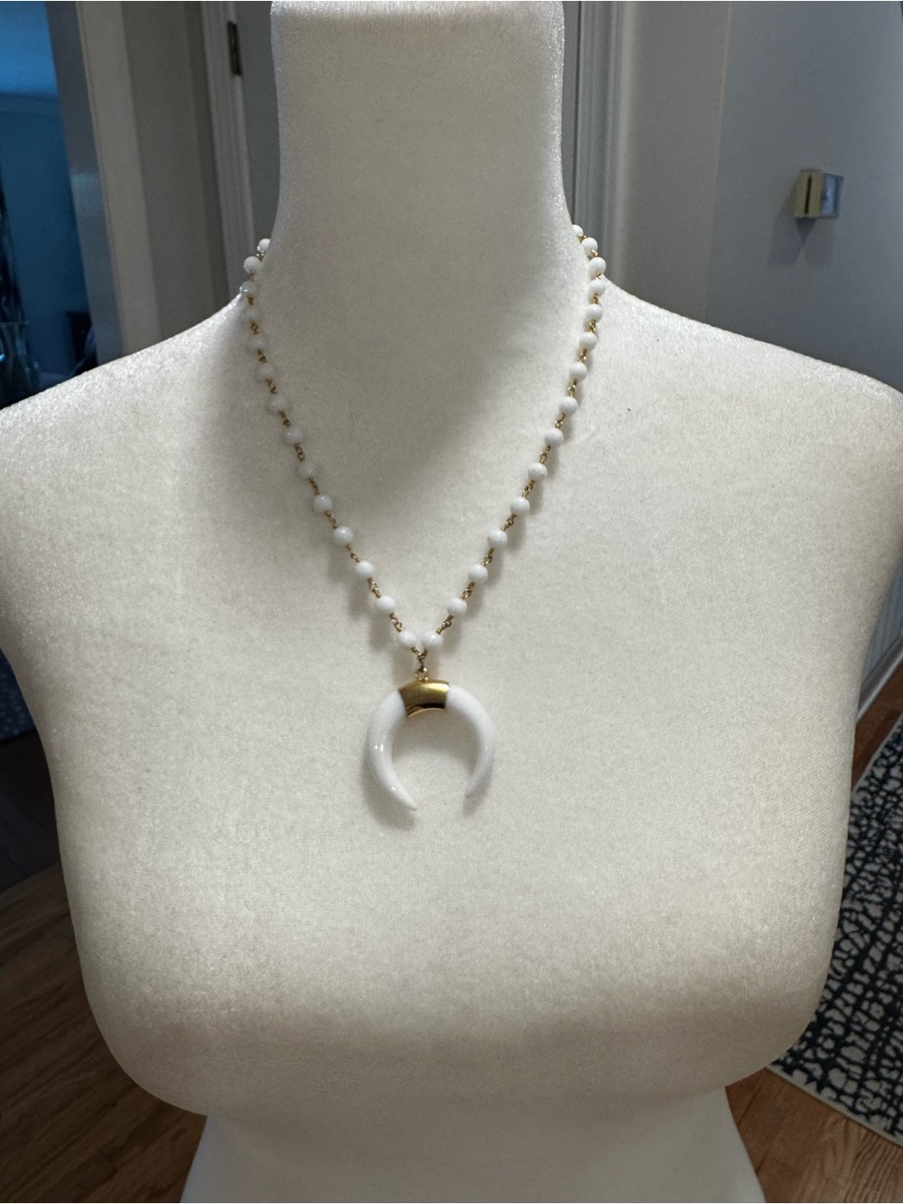 Women’s White Crescent Pendant Beaded Necklace - Gold Accent